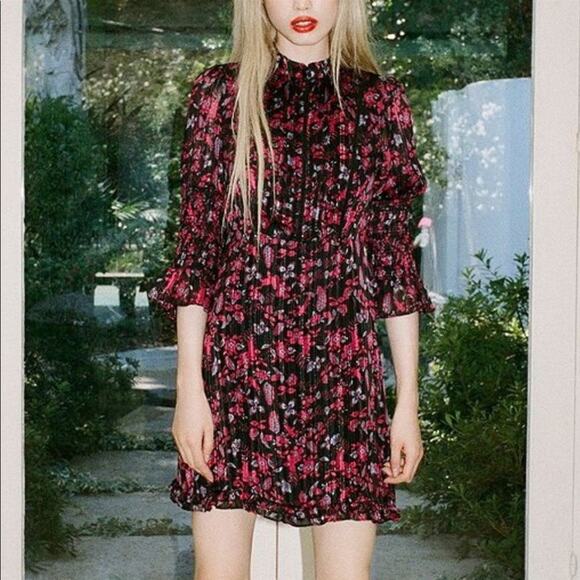 Urban Outfitters Black and Pink Metallic Floral Missy Mock Neck Mini Dress S - Picture 1 of 11